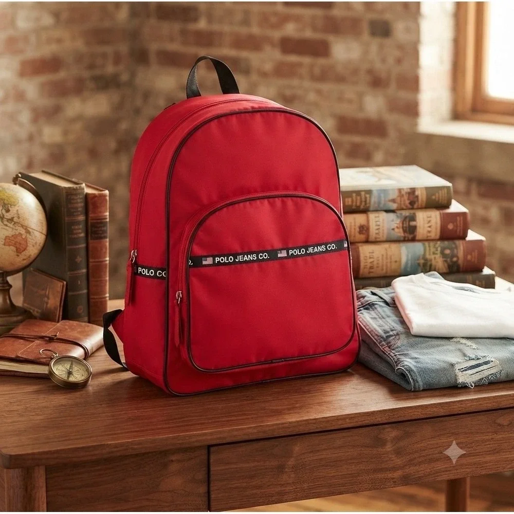 Polo Jeans Co Ralph Lauren Red Nylon Backpack Logo Tape Vintage School Bag